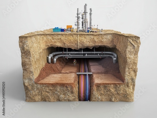 Technical schematic of an underground geothermal installation showing drilling shafts, soil layers, and pipelines in the context of engineering project