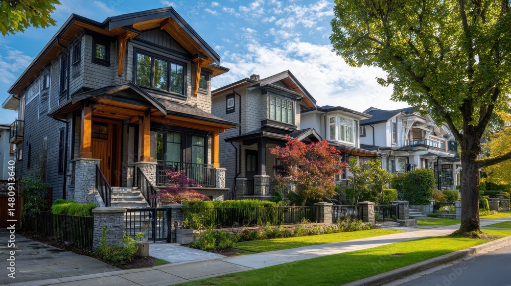 Obraz premium A stunning image of beautiful Home Exterior design of residential fronts that are varied and interesting to look at. Neighborhood new modern houses in Vancouver. Canadian modern.
