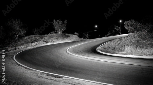 Winding asphalt road at night monochrome landscape photography