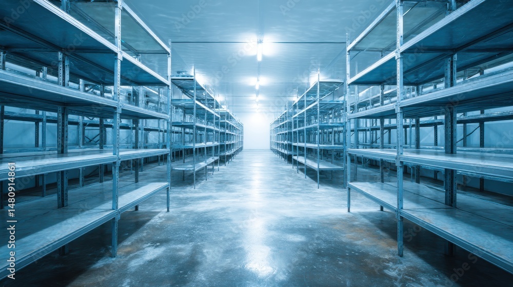 Fototapeta premium A stunning image of expansive cold storage room with empty metal shelves and cool blue hue.
