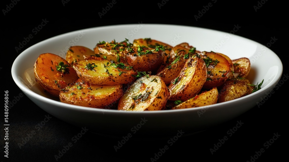 A vibrant dish of roasted potatoes and carrots. seasoned with herbs. presented in a rustic bowl against a dark background. perfect for culinary presentations or recipe illustrations A vibrant dish of roasted potatoes and carrots. seasoned with herbs. presented in a rustic bowl against a dark background. perfect for culinary presentations or recipe illustrations