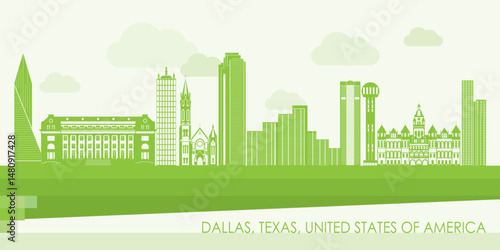 Green Skyline panorama of city of Dallas, Texas, United States - vector illustration