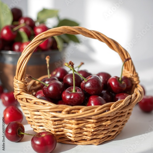 A basket of fresh cherries in a natural style with vibrant red colors, representing healthy snacking against a clean white background.