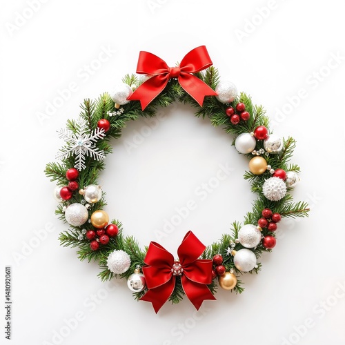 A festive Christmas wreath in a cheerful style with vibrant red and green colors, representing holiday cheer against a clean white background