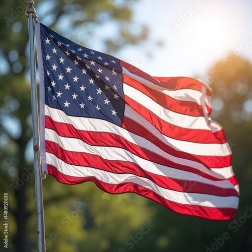 The American flag in a patriotic style with bold red, white, and blue colors, representing national pride against a sunny outdoor background.