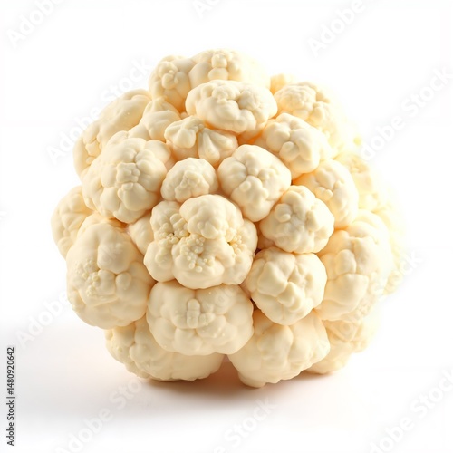 A fresh head of cauliflower in a natural style with creamy white colors, representing healthy eating against a clean white background.