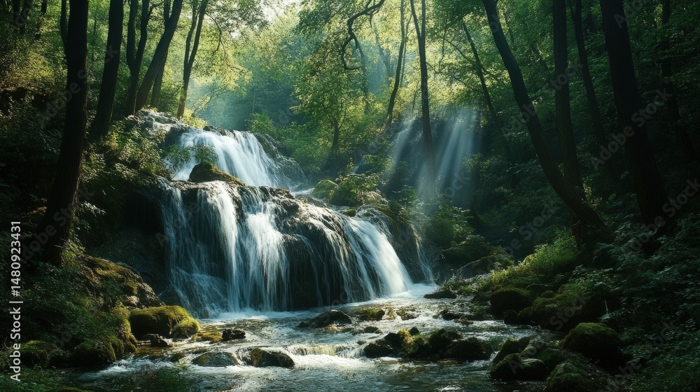 Obraz premium Lush Waterfall Cascading into a Clear Pool Surrounded by Vibrant Greenery – Serene Natural Landscape, Tropical Paradise.
