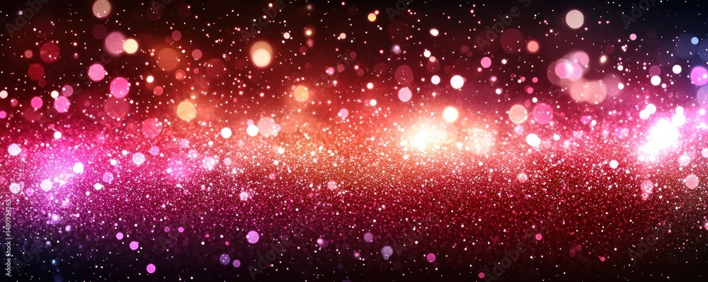 Shimmering bokeh background with red, pink, and purple hues. Glittering particles create a magical, festive atmosphere Shimmering bokeh background with red, pink, and purple hues. Glittering particles create a magical, festive atmosphere