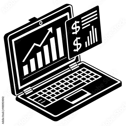 Laptop with financial data silhouette vector illustration