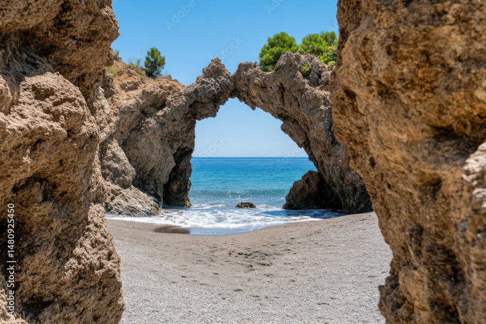 Fototapeta premium Coastal archway framed by rock formations. Sandy beach and turquoise water beyond