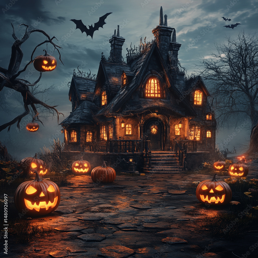 A spooky Halloween night illustration with a pumpkin, bats silhouette against the moon, and a dark, scary castle for a holiday celebration design A spooky Halloween night illustration with a pumpkin, bats silhouette against the moon, and a dark, scary castle for a holiday celebration design