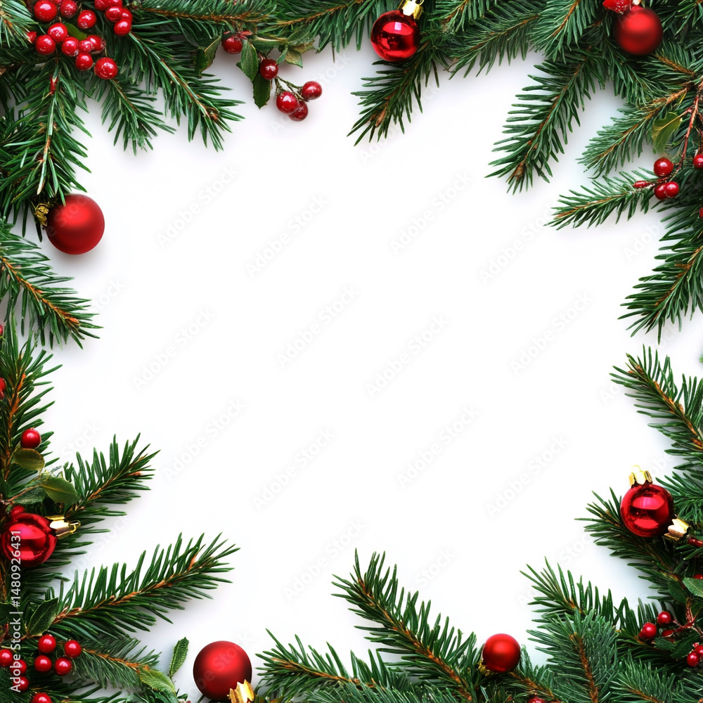 Christmas holiday frame with green fir branches, pine cones, and bright balls decoration for a winter celebration card Christmas holiday frame with green fir branches, pine cones, and bright balls decoration for a winter celebration card