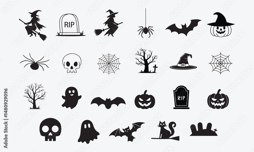 Naklejka premium set of vector icons for Halloween Icon. Set of Line and Silhouette Vector Style on White Background