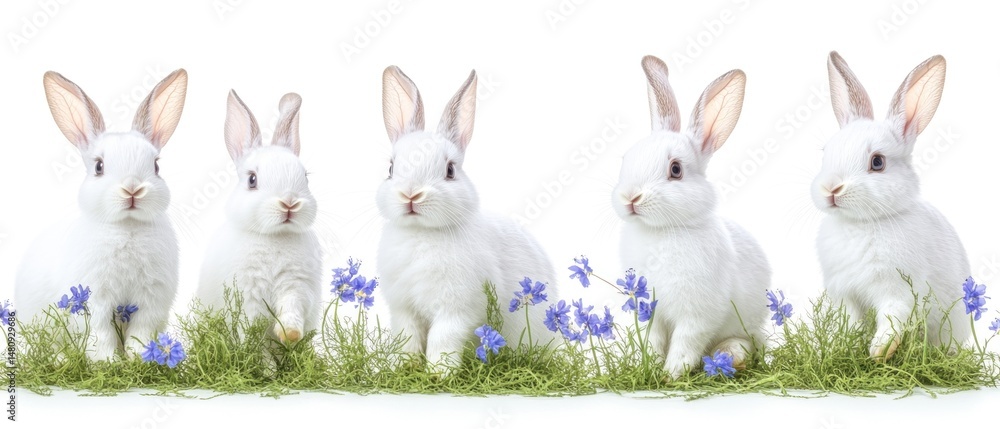 Obraz premium Five white rabbits in grass with blue flowers. Spring, Easter