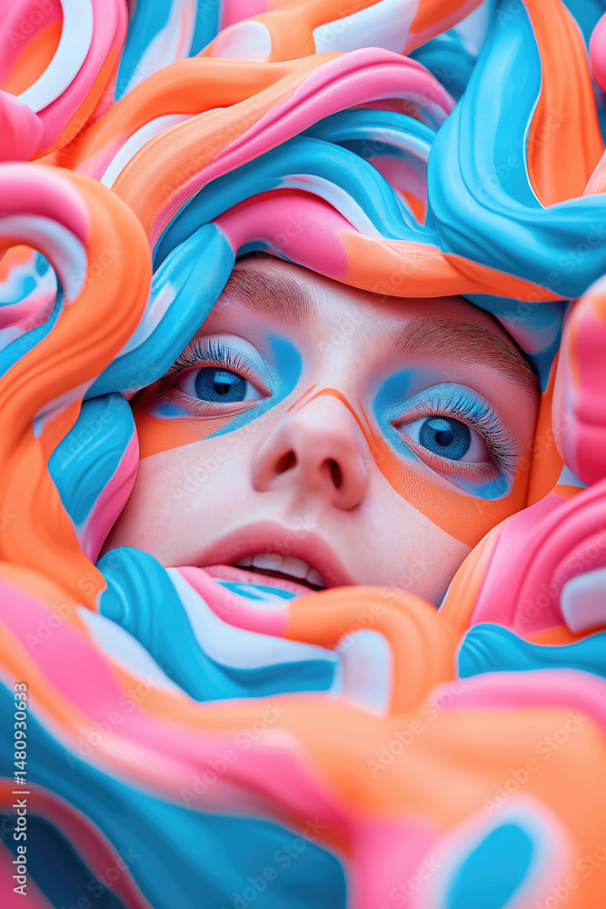 Obraz premium Portrait of a person emerging from swirling, colorful abstract ribbons. Close up