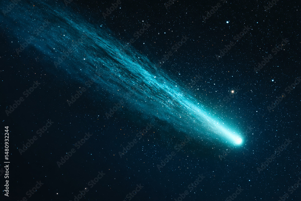 Fototapeta premium Teal comet streaking across dark night sky, filled with stars. Represents cosmic wonder, celestial beauty, and the vastness of space, ideal for astronomy or science fiction themes