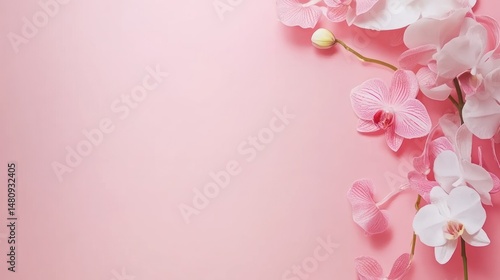 Pink and white orchid blossoms on pale pink background delicate floral design