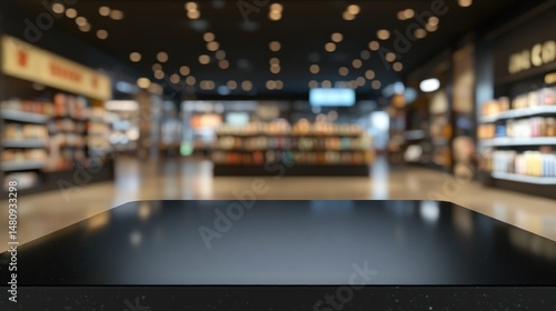 Dark sleek tabletop with blurred retail store background
