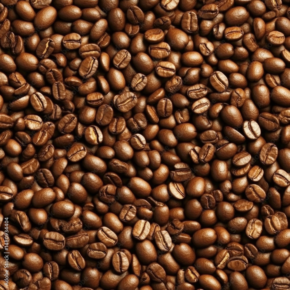 Fototapeta premium Overwhelming close-up of numerous roasted coffee beans densely packed, creating a uniform brown texture and suggesting abundance or a coffee bean harvest