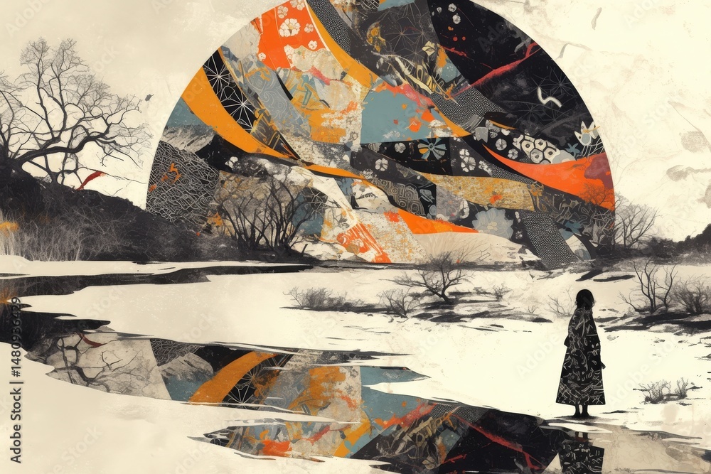 Fototapeta premium Solitary figure by a reflective water body, facing a large abstract sun-like art piece in a wintry landscape