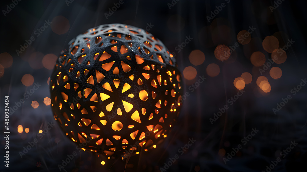 Fototapeta premium Ornate metal sphere with geometric cutouts illuminated from within casting a warm glow in a dark setting