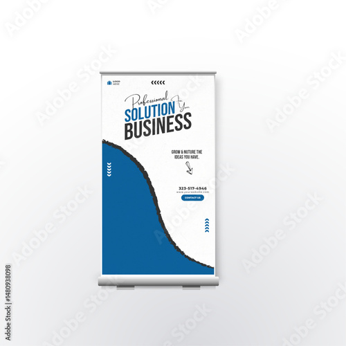 Roll up banner stand template design, blue banner layout, advertisement, pull up, polygon background, vector illustration, business flyer, display, x-banner, flag-banner,