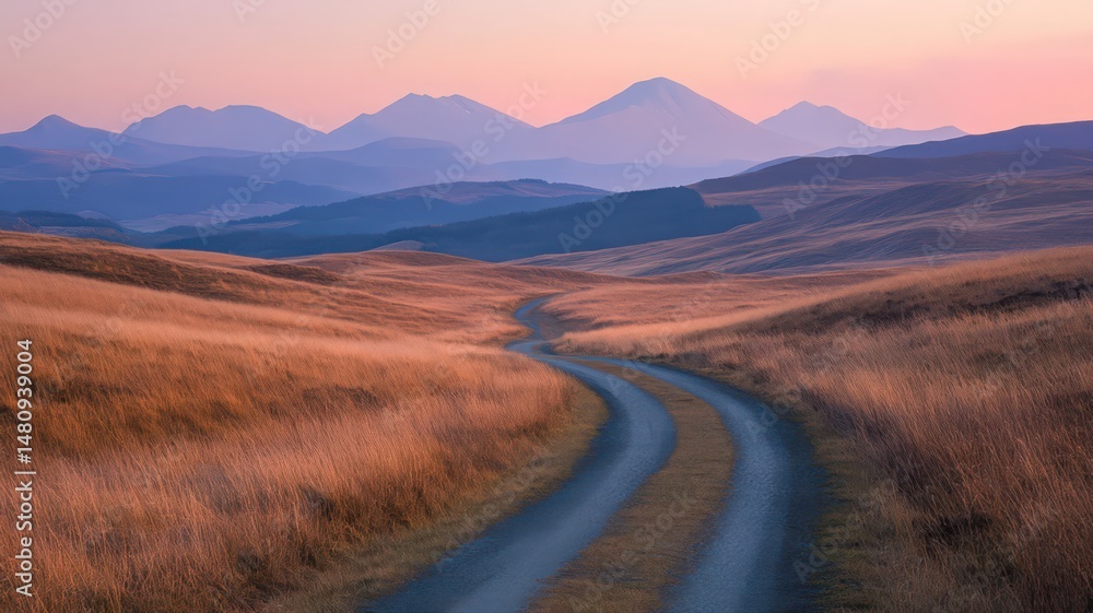Fototapeta premium Winding Road Through Golden Hills at Sunset
