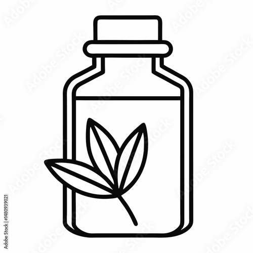A line drawing of a bottle of essential oil with a leaf design.
