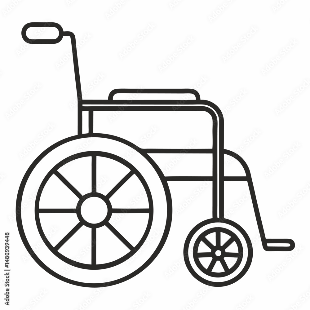 A simple line drawing of a wheelchair. A simple line drawing of a wheelchair.