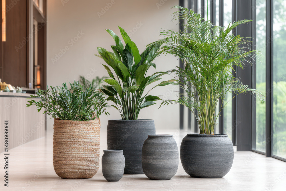 Fototapeta premium serene modern interior featuring lush green plants showcasing minimalistic design elements