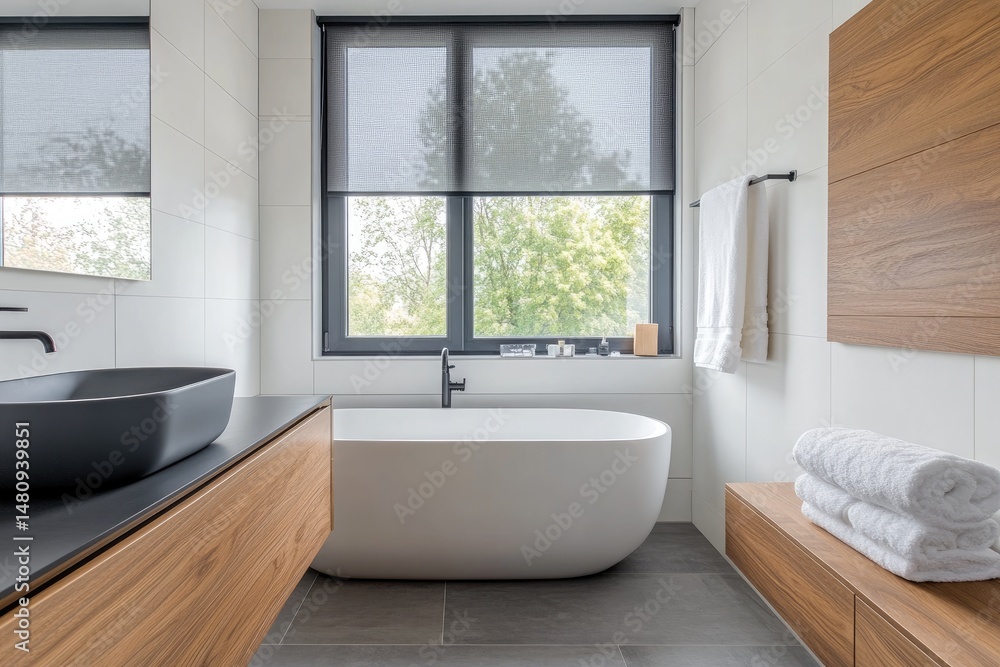 Fototapeta premium Modern bathroom featuring a sleek black freestanding bathtub and a minimalist wooden sink. with natural light streaming through large windows and a small tree enhancing the serene atmosphere