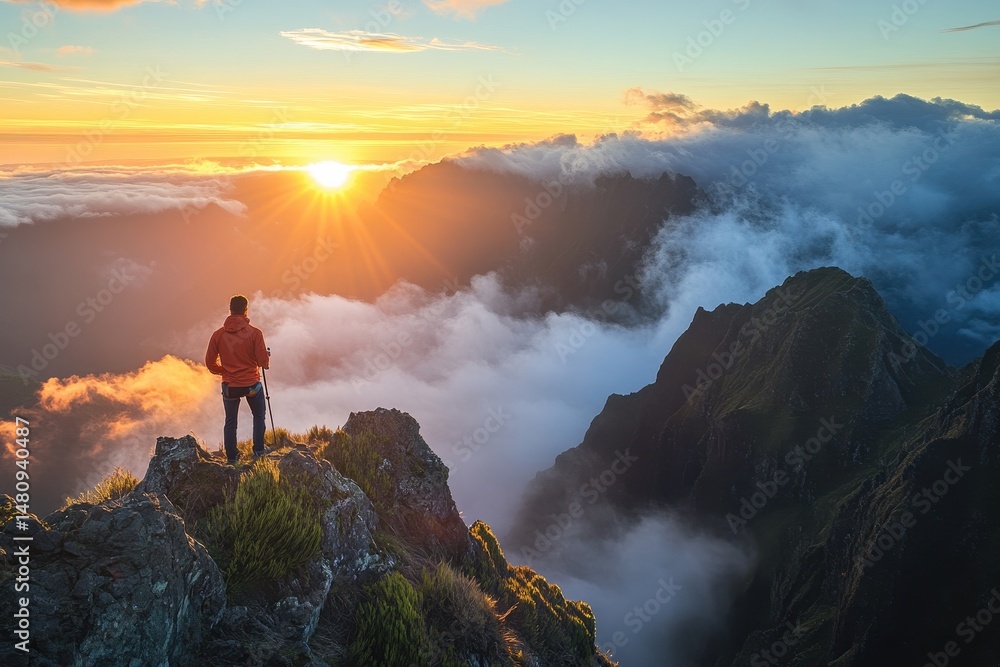 Fototapeta premium Joyful Hiker on a Mountain Peak Embracing a Vivid Sunset Over Madeiran Landscape