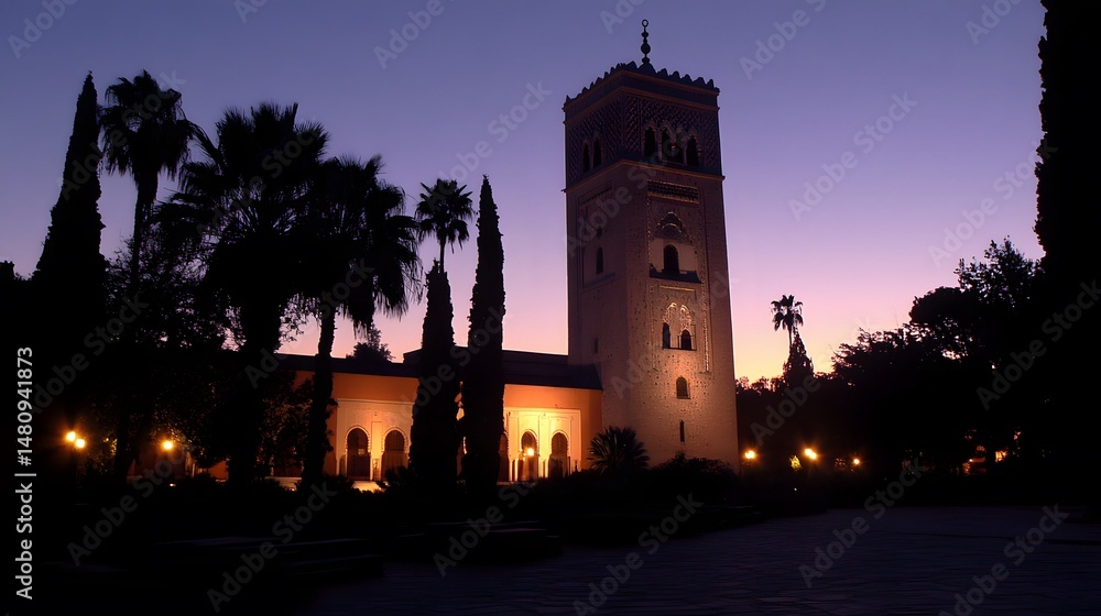 Obraz premium Majestic Moroccan Mosque at Dusk Silhouette