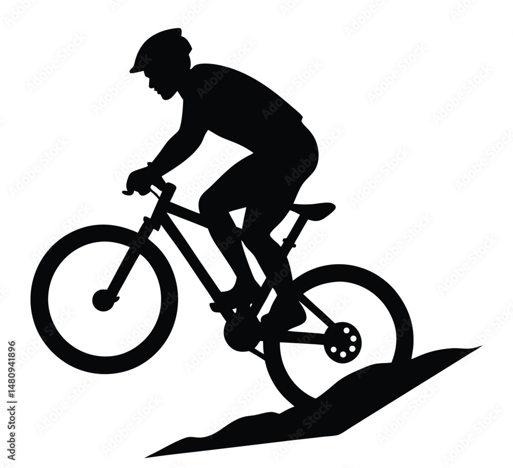 Naklejka premium Silhouette of a Mountain Biker Ascending a Hill,Mountain Biking silhouette.