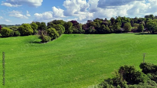 4K Aerial Drone View of Lush Green Fields and Rolling Agricultural Landscapes on a Sunny Day in Badgers Mount, Sevenoaks, UK – Vibrant Countryside Scenery