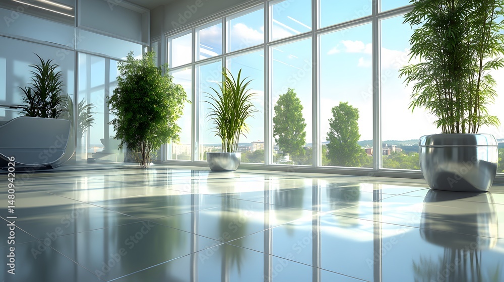 Fototapeta premium Modern Office Lobby with Large Windows and Plants