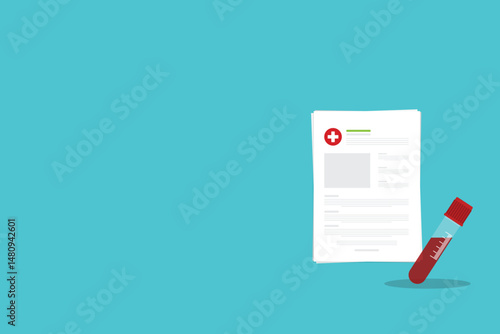 Blood test, analysis. Blood test icon. Medical analysis laboratory test. Medical sample in a plastic box and medical report.