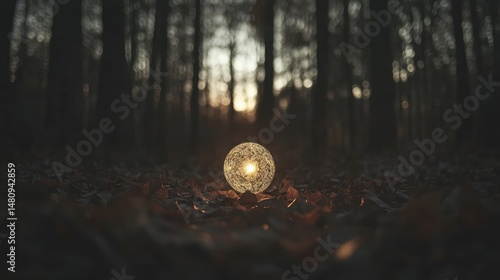Glowing sphere in autumn forest at sunset mystical nature scene