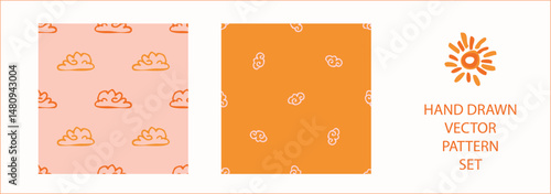 Vibrant fall cloud sunshine seamless nursery pattern set. Naive illustration of summer sky in hand drawn playful style for childrens nursery backdrops, wallpaper. 