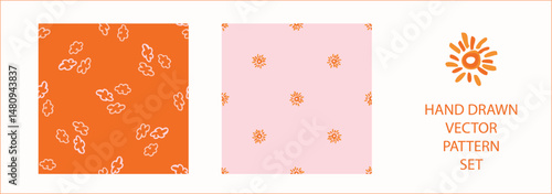 Vibrant fall cloud sunshine seamless nursery pattern set. Naive illustration of summer sky in hand drawn playful style for childrens nursery backdrops, wallpaper. 