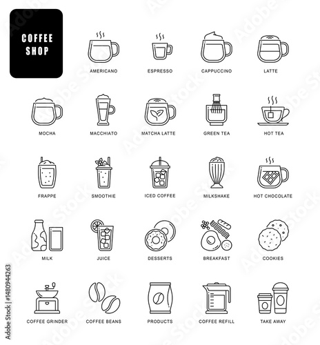 Set of coffee related vector line icons. Contains such Icons as espresso, cappuccino, latte, tea, milkshake, pie, cake and more.