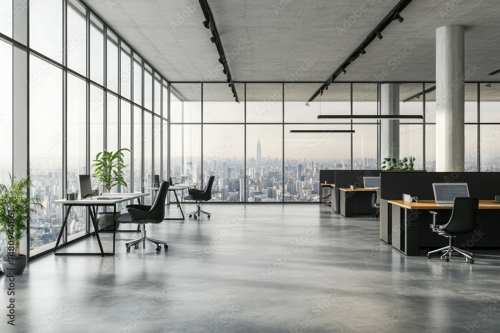 Modern office interior featuring sleek desks and chairs. expansive windows showcasing a city skyline. with greenery adding a touch of nature to the professional environment Modern office interior featuring sleek desks and chairs. expansive windows showcasing a city skyline. with greenery adding a touch of nature to the professional environment
