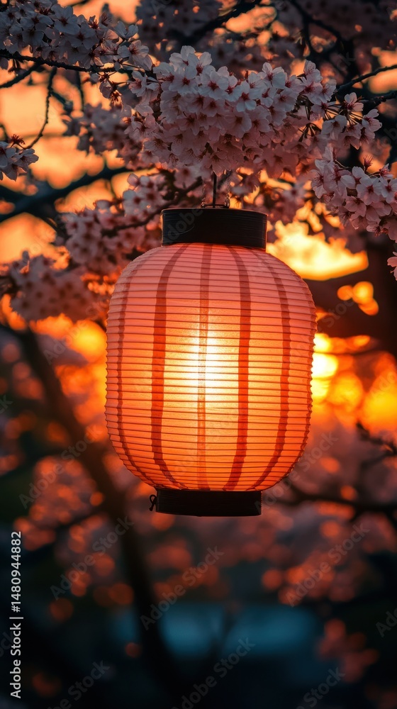 Obraz premium Japanese paper lantern at sunset among cherry blossoms