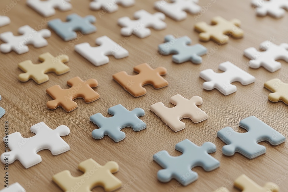 Obraz premium A colorful arrangement of interlocking puzzle pieces on a wooden surface. showcasing creativity and problem-solving. ideal for educational purposes or game design
