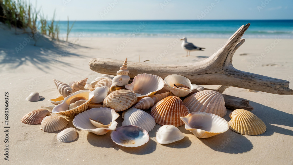 Seashells on sandy beach with driftwood and distant seagull serene coastal scene Seashells on sandy beach with driftwood and distant seagull serene coastal scene