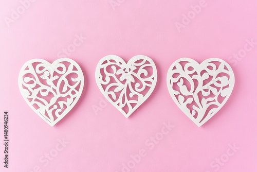 Three intricately crafted pink paper hearts with delicate folds and stems. arranged on a soft pink background. creating a romantic and artistic atmosphere. ideal for Valentine's Day themes