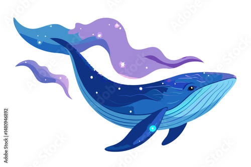 The image is a colorful illustration of a blue whale with stylized purple waves and star-like details.