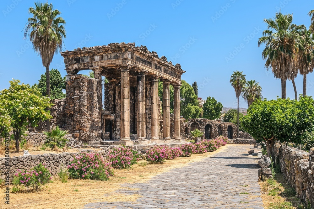 Obraz premium Ancient ruins with stone pathway, columns, and lush greenery under a bright sky