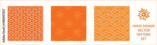 Vibrant fall cloud sunshine seamless nursery pattern set. Naive illustration of summer sky in hand drawn playful style for childrens nursery backdrops, wallpaper. 