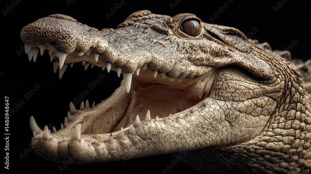 Obraz premium Close-Up of Crocodile Head with Open Mouth and Sharp Teeth on Black Background